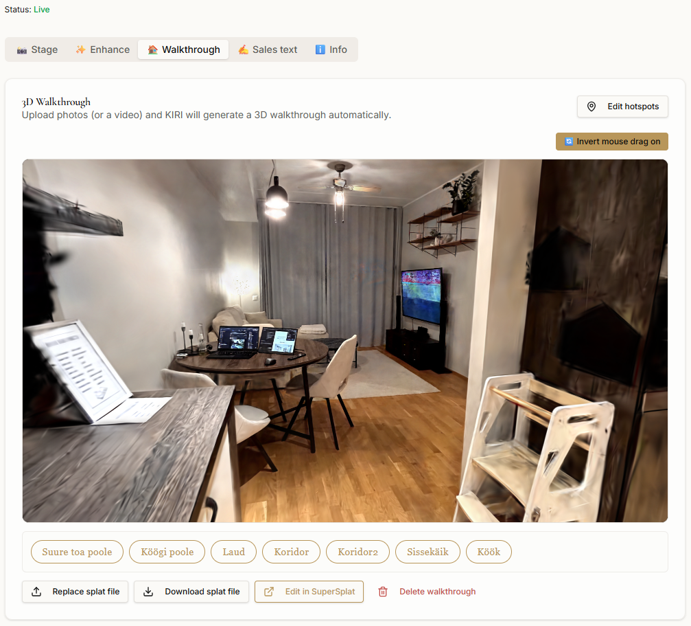 Stagify virtuaaltuuri haldusvaade köögi ja elutoa ning vaatepunktide nuppudega.